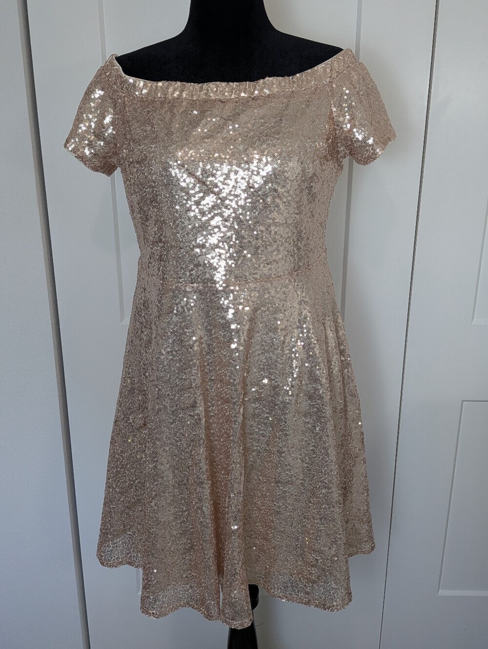 New Grace Karin Off The Shoulder Rose gold sequins dress Knee length size XL